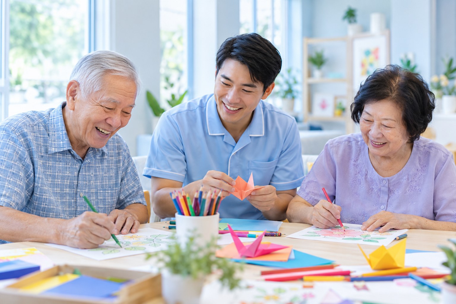 Illustrative photo of Chinese older adults enjoying crafts with a caregiver in a bright blue-toned activity room