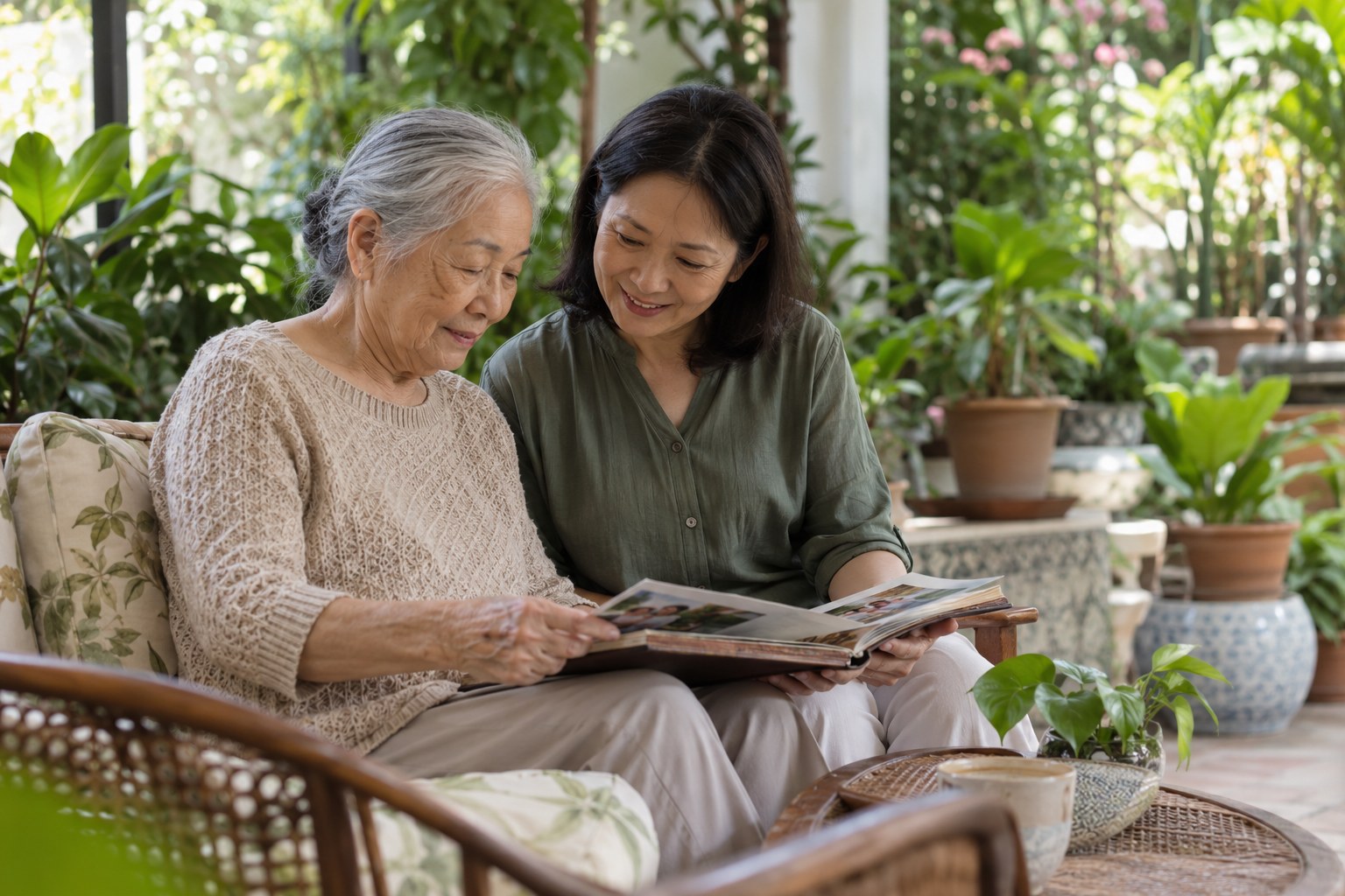 Illustrative photo of a Chinese older woman and caregiver in a quiet green garden patio