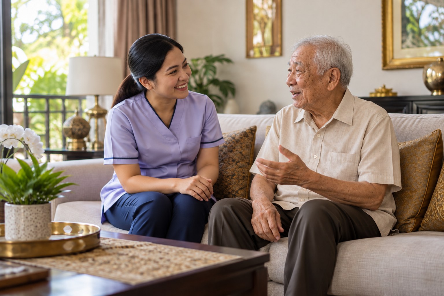 Illustrative photo of a caregiver listening to an elderly Chinese resident in a comfortable lounge