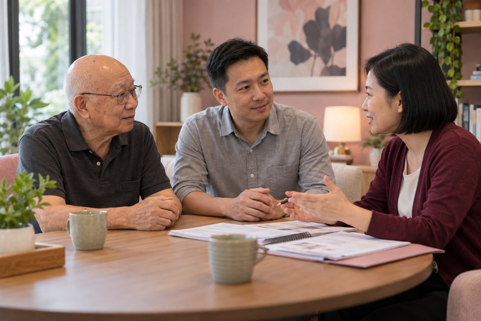 Illustrative photo of a Chinese older man and his son discussing care with a coordinator in a rose-and-grey consultation area