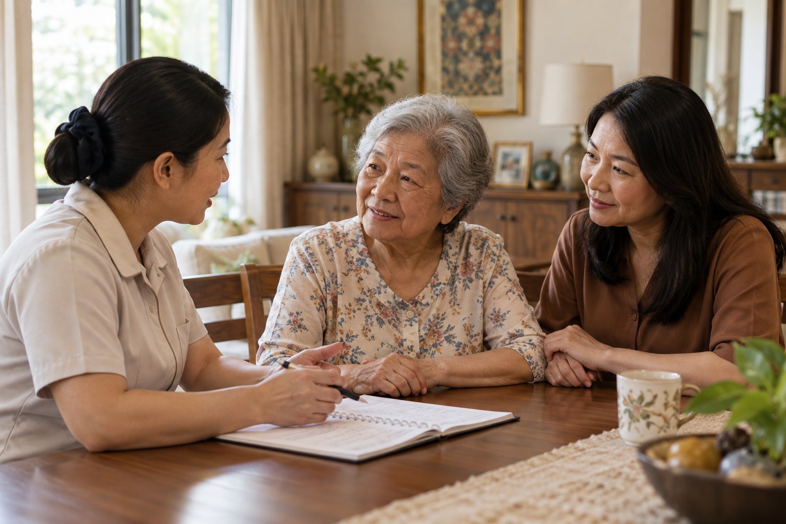 Illustrative image of an older adult, family member and caregiver discussing care