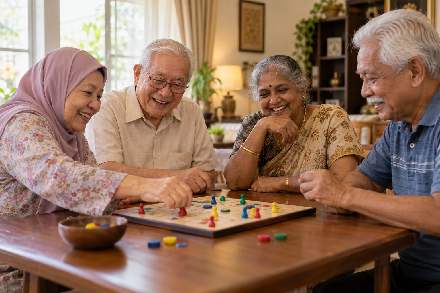 Illustrative image of older adults enjoying a board game