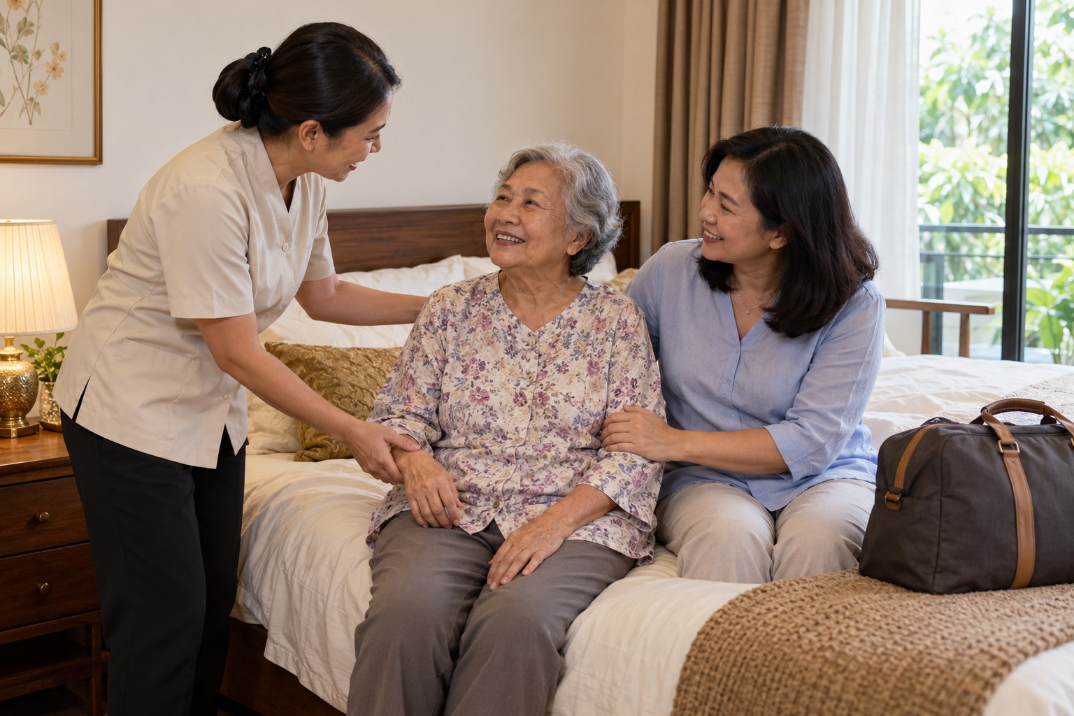 Illustrative photo of an older woman settling into a care home bedroom with her daughter and caregiver